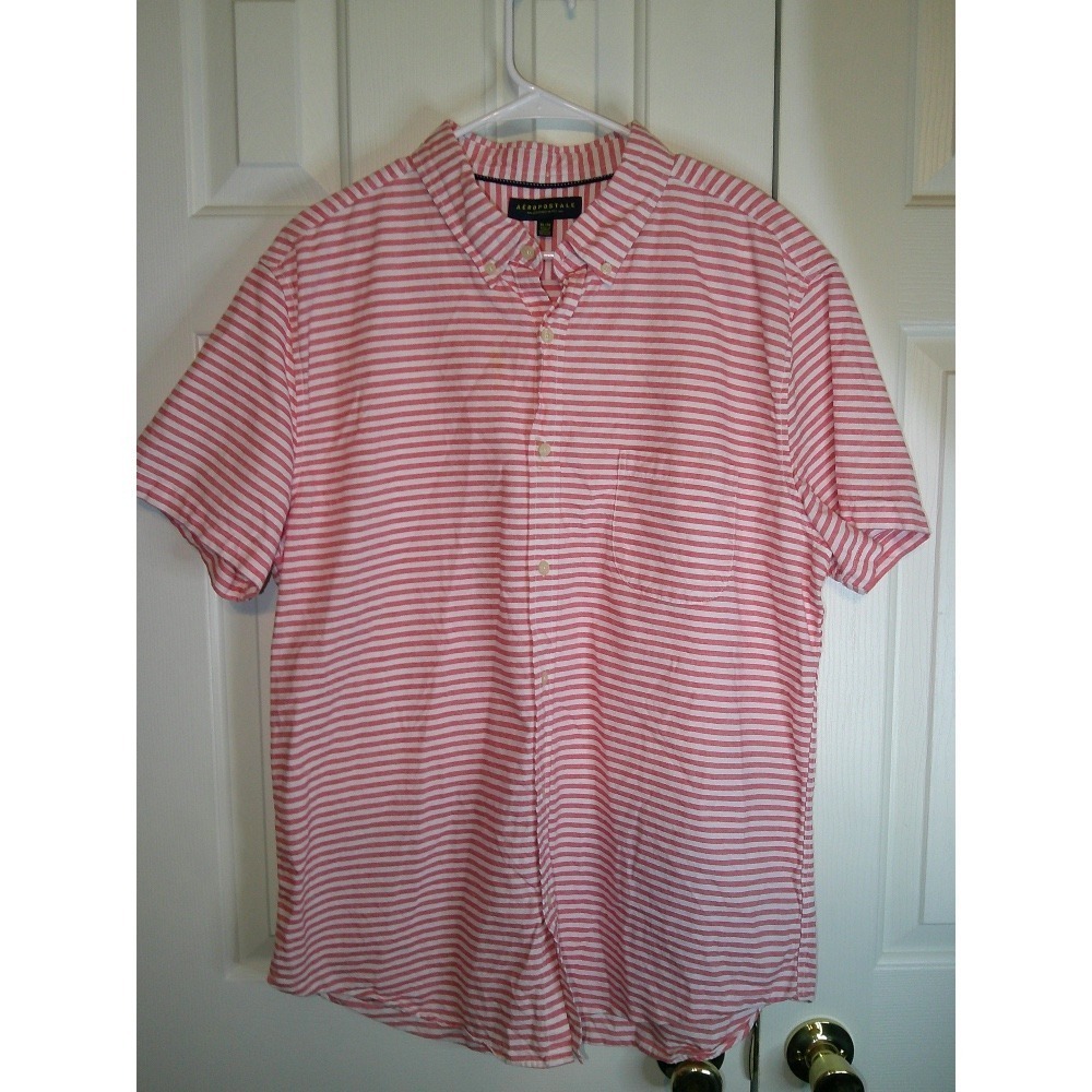 Aeropostale Striped Button Down Short Sleeve Casual Shirt Coral White XL